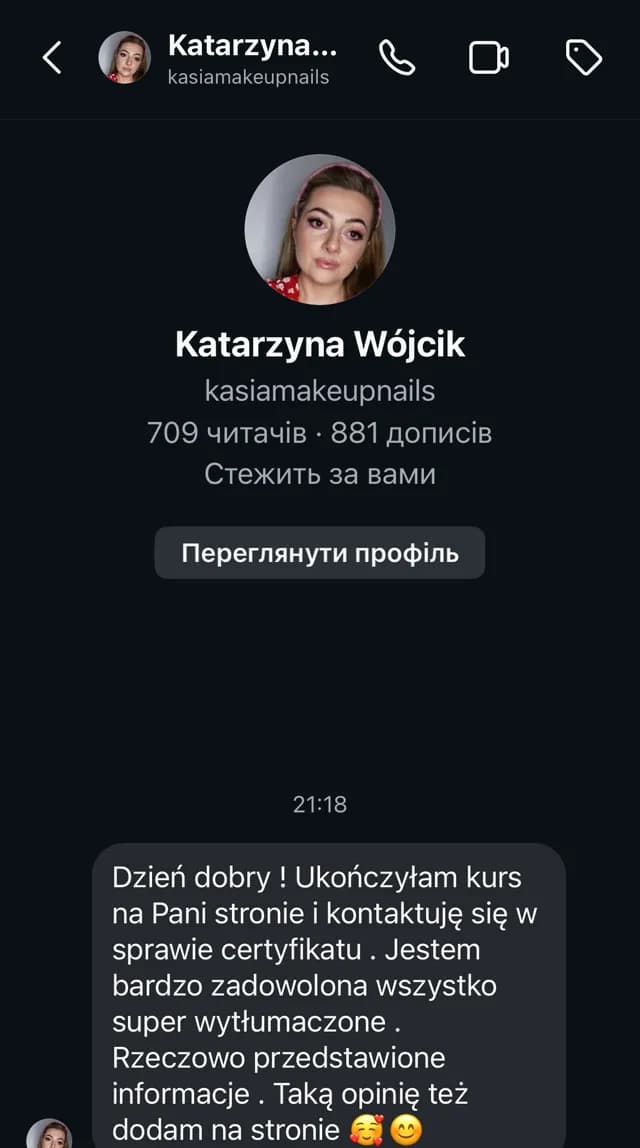 Opinia kursantki 2 — wiadomość z Instagrama