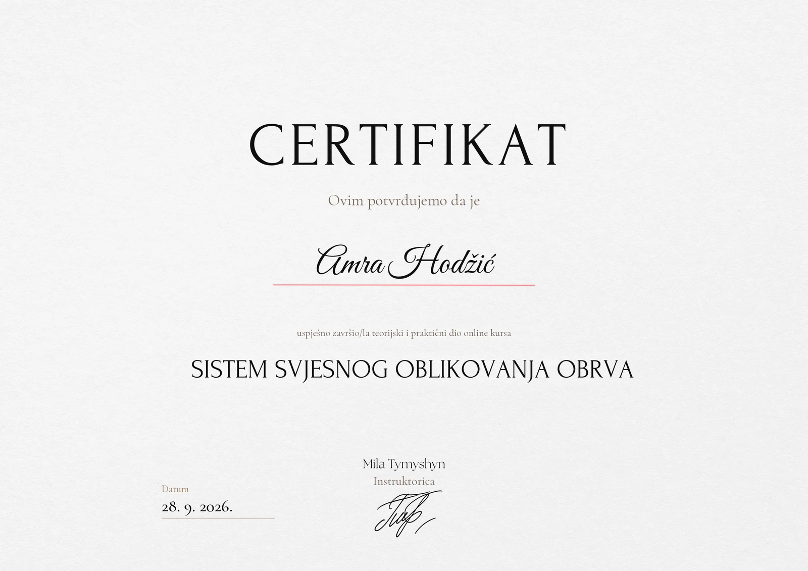 Certifikat o završenom kursu na tvoje ime