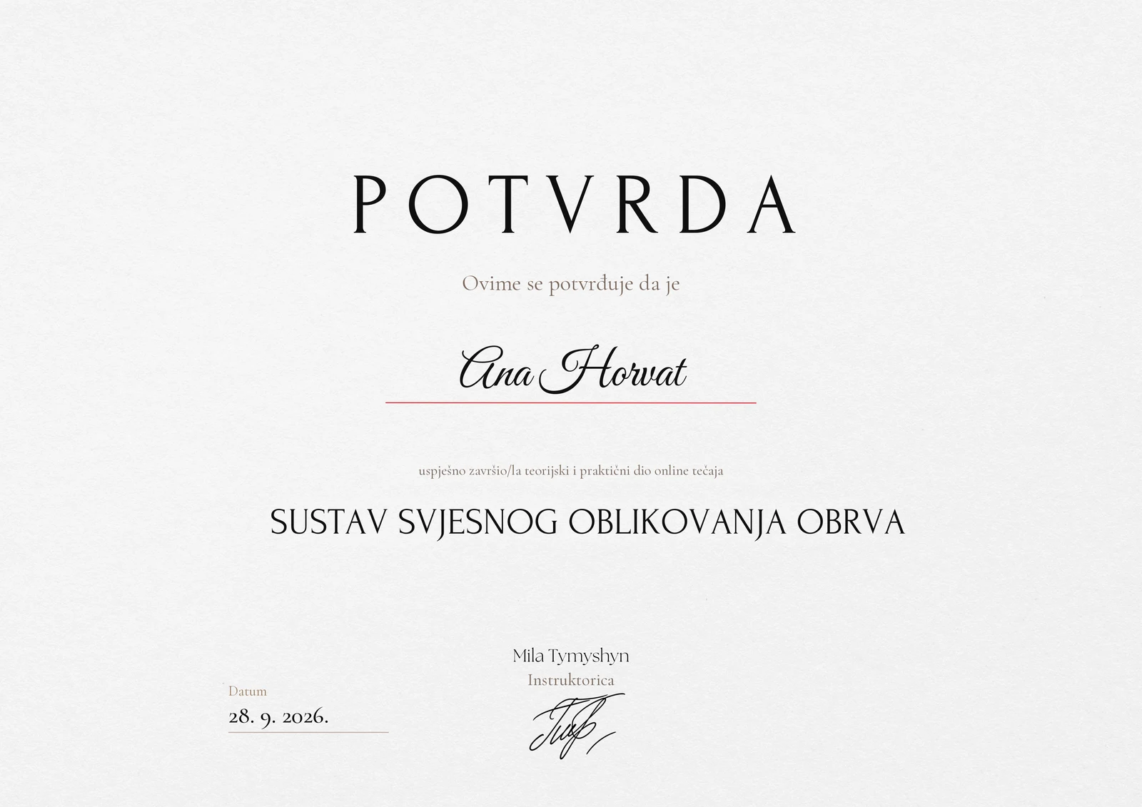 Potvrda o završenom tečaju na tvoje ime