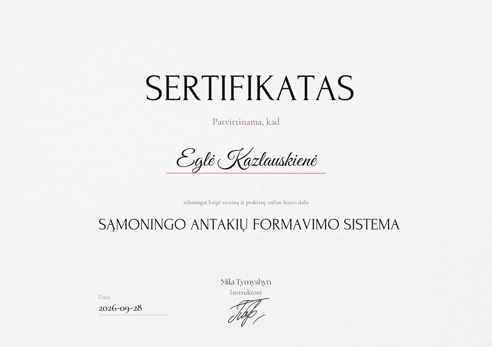 Vardinis kurso baigimo sertifikatas