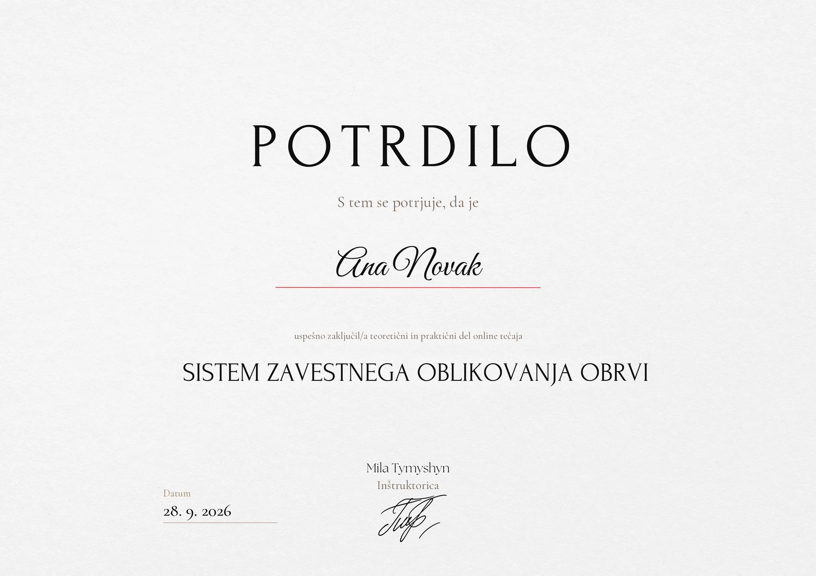 Potrdilo o končanem tečaju na tvoje ime