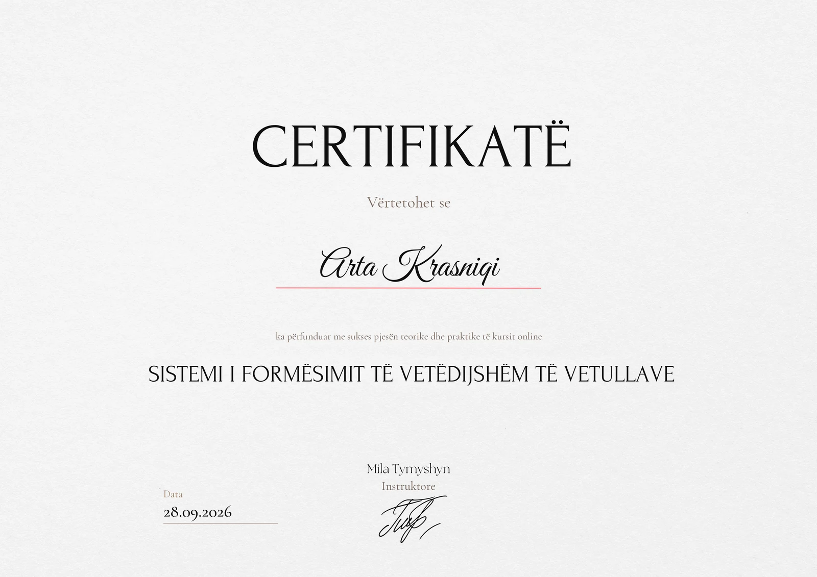 Certifikatë përfundimi me emrin tënd